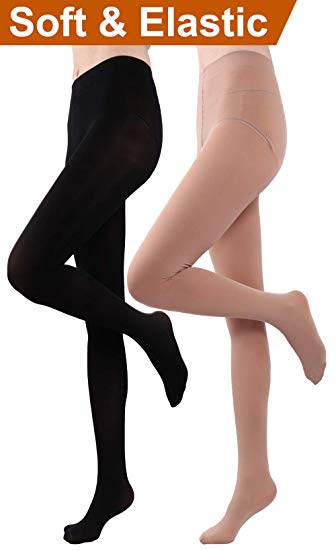 HeyUU Women's Semi Opaque Solid Color Soft Footed Pantyhose Tights 2 Pack