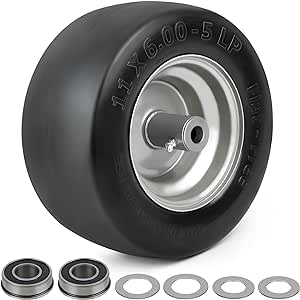 LotFancy 11x6.00-5” Flat Free Lawn Mower Tire and Wheel, 3/4" or 5/8" Bushings, 5 7/8" Centered Hub, Smooth Tread Tire for Zero Turn Mowers