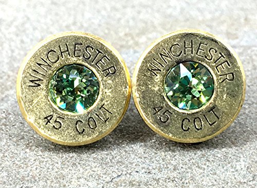 Bullet Earrings 45 Colt Designer Swarovski Peridot Crystal August Birthstone