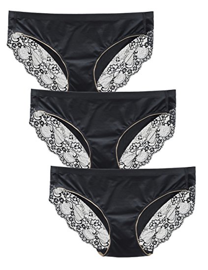 Liqqy Women's 3 Pack Comfortable No Ride up Lace Trim Bikini Panty Underwear