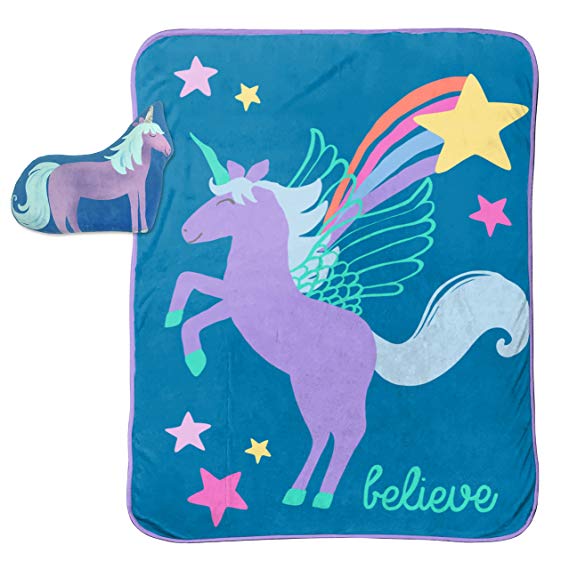 Limited Too Unicorn Believer 2-Piece Plush 40" x 50" Travel Throw and 10" Pillow Set