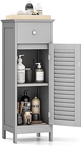 COSTWAY Bathroom Storage Cabinet, Single Shutter Door Slim Floor Cabinet w/ 1 Drawer & Adjustable Shelf, Freestanding Narrow Side Storage Cabinet for Bedroom Living Room Hallway (Grey)