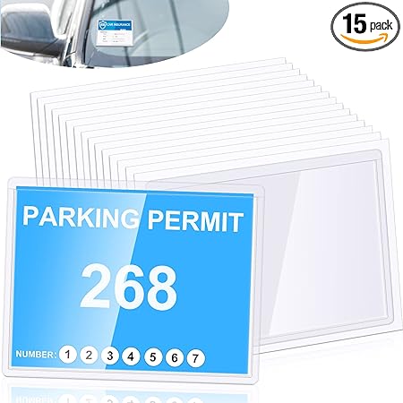 Outus 15 Pack Parking Permit Holder for Car Windshield Parking Stickers Clear Adhesive Parking Tag Pouch 4 x 3 Inch Self Adhesive Vinyl Plastic Document Protector Holds Large Parking Placard