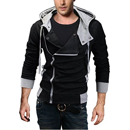 DJT Men's Oblique Zipper Hoodie Casual Top Coat Slim Fit Jacket