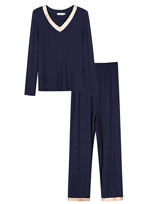 Coolmee Women's V-neck Sleepwear Long Sleeve Pajama Set with Pj Set Top & Pants