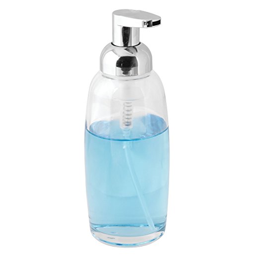 mDesign Foaming Soap Glass Dispenser Pump Bottle for Bathroom Vanities or Kitchen Sink, Countertops - Clear/Chrome