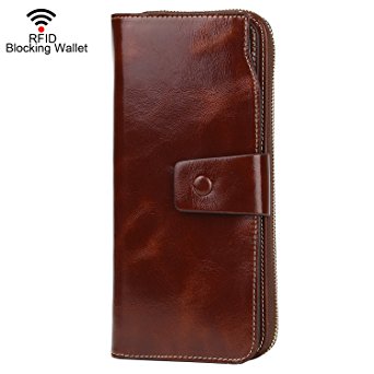 Dante RFID Blocking Large Capacity Wax Real Leather Wallet Clutch Travel Purse for Women