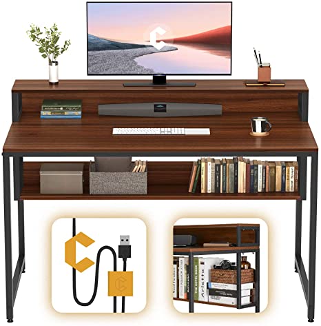 Cubiker Computer Home Office Desk, 47" Small Desk Table with Storage Shelf and Bookshelf, Study Writing Table Modern Simple Style Space Saving Design, Espresso