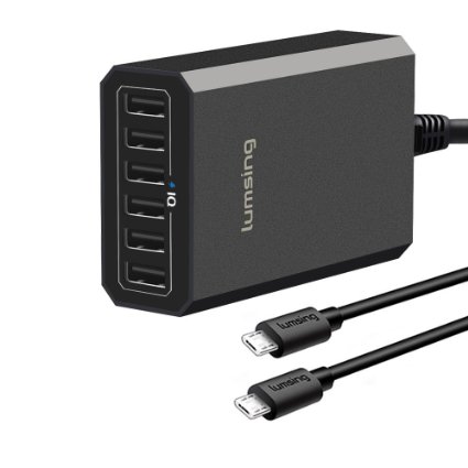 Desktop Charger- Lumsing 60W 6-port Desktop USB Charger   2 Micro USB to USB Cables for Samsung Galaxy, Nexus, HTC, Smartphones and Tablets (Black)
