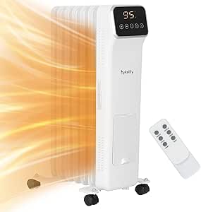 Hykolity Oil Filled Radiator Heater with Remote, 1500W Electric Space Heater with 24H Timer & Adjustable Thermostat, Digital Display, Overheat & Tip-Over Protection for Indoor use, White