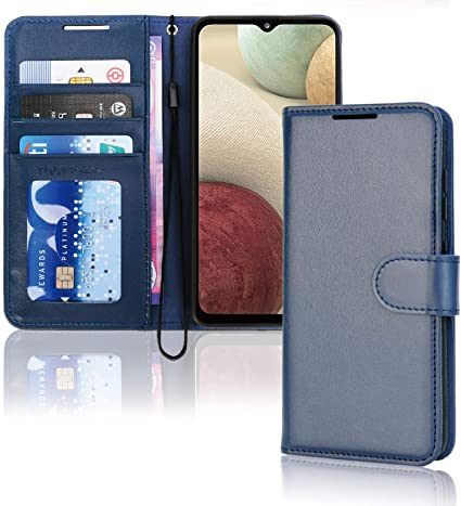 TECHGEAR Galaxy A12 Leather Wallet Case, Flip Protective Case Cover with Wallet Card Holder, Stand and Wrist Strap - Navy Blue PU Leather with Magnetic Closure Designed For Samsung Galaxy A12
