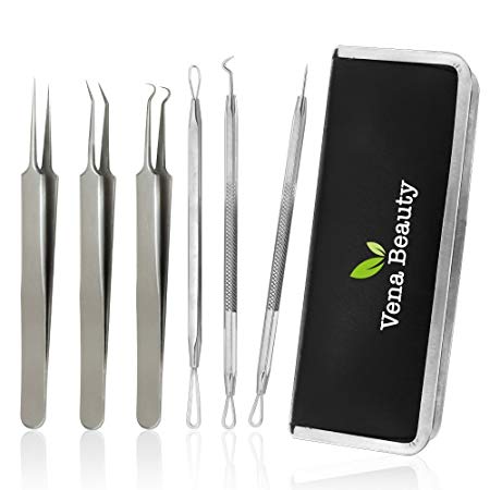 Blackhead Extractor Tool Kit ,Professional Stainless Steel Pimple Comedone Extractor Curved Tweezers Kit with Metal Case,Treatment for Acnes Whiteheads  (6pcs) by Vena Beauty