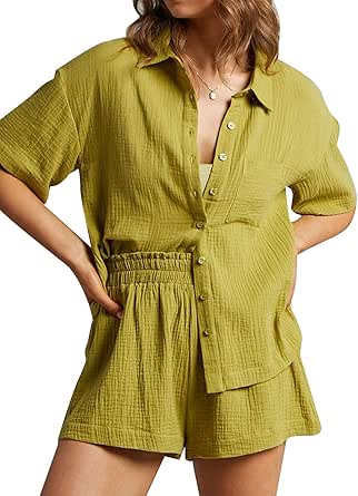 Women's 2 Piece Casual Outfits Cotton Linen Button Down Shirt Top High Waisted Shorts Set Tracksuit