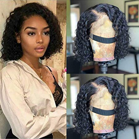 Maxine Water Wave Human Hair Lace Front Wigs 9A Virgin Hair Lace Front Wigs Brazilian Water Wave Hair 130% Denisity for Women Natural Black with Adjustable Straps 12inch
