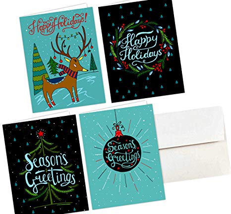36 Christmas Cards & Envelopes, Happy Holiday Cards - One Jade Lane - Merry Holiday, Seasons Greetings Cards, 5.5x8.5 (5.5x4.25 folded), Scored for EZ Folding.