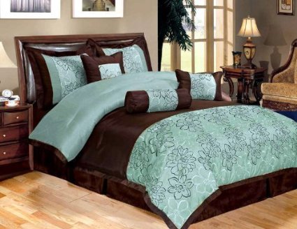 7 Piece Bed In A Bag, PEONY Aqua Blue / Brown FAUX SILK Comforter Set - KING Size Bedding