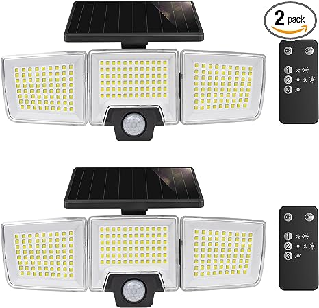 MustWin 2 Pack Outdoor Solar Lights Motion Sensor Waterproof IP65 Flood Lights with Remote Control, 3 Heads Super Bright 216 Exterior LED Security Lights for Yard Garage Porch Garden
