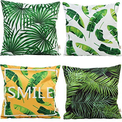 HOSL S06 4 Pack Man-Made Silk Natural Touch Polyester Yarn Decorative Pillow Cover Case 18" X 18" Green Leaves