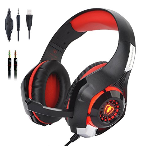 Gaming Headset for New Xbox One PC, Beexcellent Comfortable 3.5mm LED Light Gaming Headset Bass Stereo Over-ear Headphone with Microphone for PS4 / Xbox One S / Xbox One / PC / Computer / Mac / Cellphone (Red & Black))