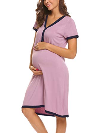 TelDen Maternity V Neck Sleepwear Dress Short Sleeve Nursing Breastfeeding Nightwear Pajama S-XXL