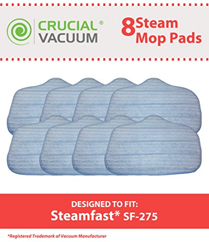 8 Steamfast Washable Microfiber Steam Cleaner Pads Fits Steamfast SteamMax SF-275/SF-370, Replaces Steamfast Steam Mop Part A275-020, Designed & Engineered by Crucial Vacuum