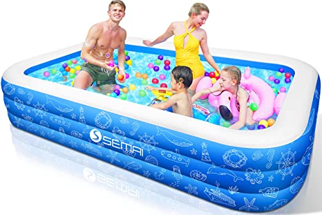 Family Inflatable Swimming Pool, Semai 118"x72"x20" Full-Sized Inflatable Lounge Pool for Kiddie, Kids, Adults, Toddlers for Ages 3 ,Swimming Pool for Backyard,Outdoor （Blue White）