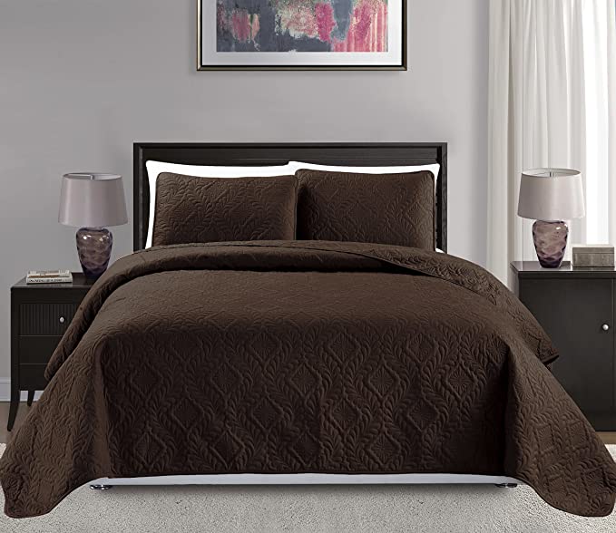 Mk Collection 3pc Full/Queen Over Size Diamond Bedspread Bed Cover Embossed Solid Brown/Chocolate New