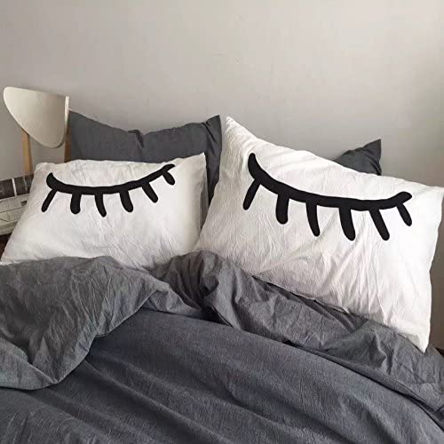 RISEON Cute 2 pcs Cotton White Embroid Closed Eyes Sleeping Eye Lashes Eyelash Statement Pillow Cases Cover Standard Size Bedroom Pillowcases Valentine gift-19 x 29 inches