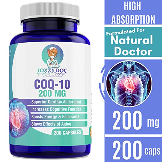 CoQ10 - Co-Enzyme Q10-200 mg - 200 Caps - High Absorption - Vegan - Non-GMO - 6.5 Month Supply Heart & Cellular Energy by Foxxy Doc