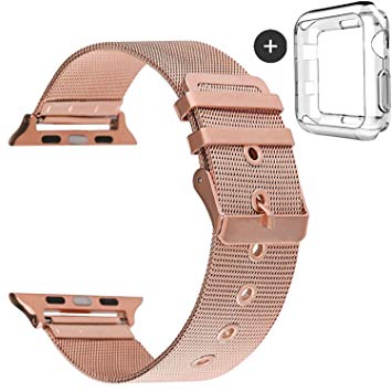 Deyo Compatible Apple Watch Bands with Screen Protector Case Cover,38mm/42mm Women Men Milanese Loop Stainless Steel with Metal Clasp Compatible iWatch Series 3/2/1 Sport Edition
