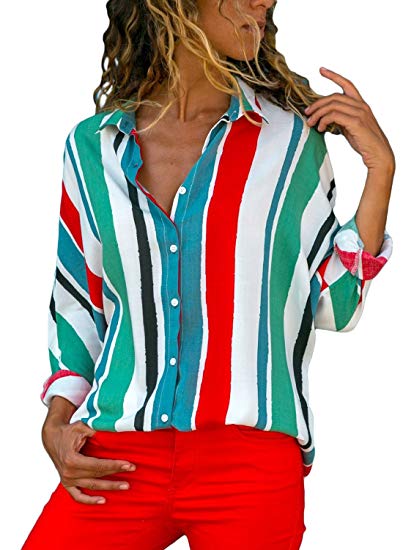 Ecrocoo Women Button Down V Neck Color Block Stripes Casual Cuffed Long Sleeve Chiffion Blouse Tops