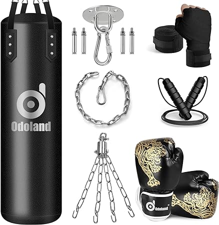 Odoland 8-in-1 Unfilled Punching Bag Set for Adult Men and Women, 3.28/4FT Boxing Heavy Bag, Kicking Bag Set with Punching Gloves, Kickboxing Bag Kit for MMA, Muay Thai, Karate, Taekwondo, Kickboxing