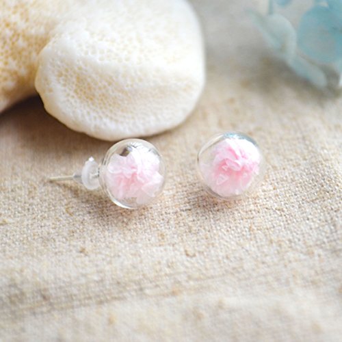 a Pair Pink Babysbreath Blooming Real Flowers Glass Ball 925 Sterling Silver Stud Earrings