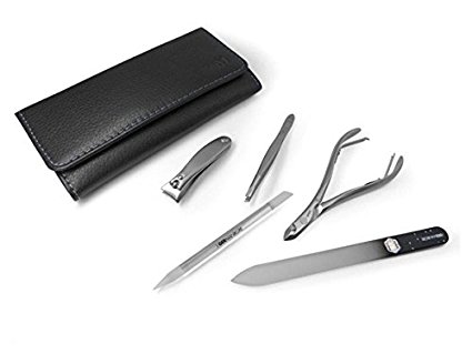 GERManikure 5pc matte stainless steel manicure set in black leather case with magnetic closure