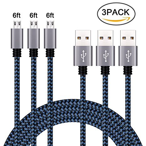 Micro USB Cable, Bestfy 6FT Long USB to Micro USB Charger Cable Nylon Braided, Fast Charger Cable for Android/Windows/MP3/PS4/Camera and other Device(3Pack, BlueDark)