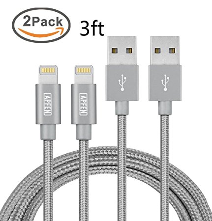 APFEN Nylon Braided Lightning Cable [2 Pack] USB Cable Sync and Charging Cable for iPhone 7 7Plus 6s 6 Plus 5s 5c 5, iPad Pro Air 2, iPad mini 4 3 2, iPod touch 5th gen / 6th gen (3ft, Grey)