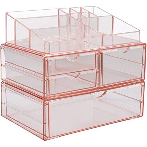 Sorbus Acrylic Cosmetics Makeup and Jewelry Storage Case X-Large Display Sets -Interlocking Scoop Drawers to Create Your Own Specially Designed Makeup Counter - Stackable and Interchangeable (Pink)