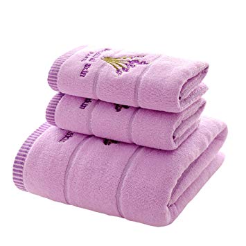 Years Calm 3 Pcs Cotton Bath Towel Set, Scented Lavender Design Embroidered Towels for Hotel Spa Bathroom - Include 2 Face Towels & 1 Bath Towel