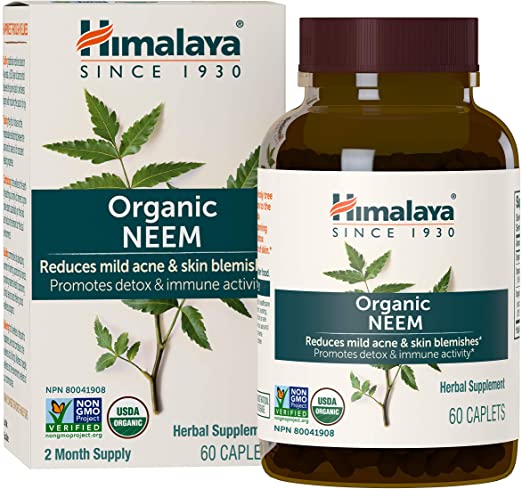 Himalaya Organic Neem 60 Caplets for Mild Acne & Healthy Skin 600mg, 2 Month Supply