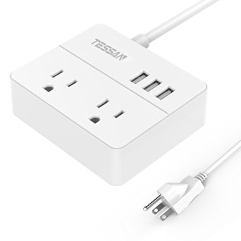 TESSAN Portable 2 Outlet Power Strip with 3 USB Charging Ports(15W) Bulit in 3 Feet Cord (WHITE)