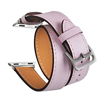 For Apple Watch Band,TOROTOP Genuine Leather Smart Watch Band Double Loop Strap Bracelet Replacement Wristband with Adapter Clasp for Apple Watch 38mm (38mm-double tour-Pink)