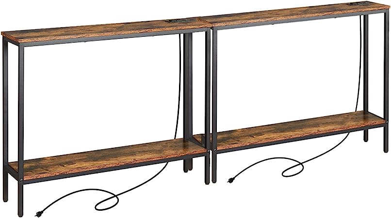 ELYKEN Console Table with Charge Station, 8.7" Dx39.4 Wx31.1 H Sofa Table, 2-Tier Entry Table with Storage Shelf, Slim Skinny Behind Couch Table for Living Room Hallway Foyer Corridor, Rustic Brown