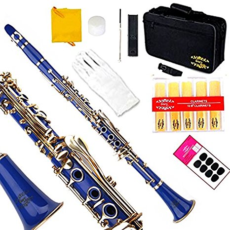 Glory B Flat Clarinet with Second Barrel, 11reeds,8 Pads cushions,case,carekit and more -Blue with Gold keys