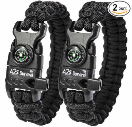 A2S Paracord Bracelet K2-Peak Series - Survival Gear Kit with Embedded Compass, Fire Starter, Emergency Knife & Whistle - Pack of 2 - Quick Release Slim Buckle Design Hiking Gear