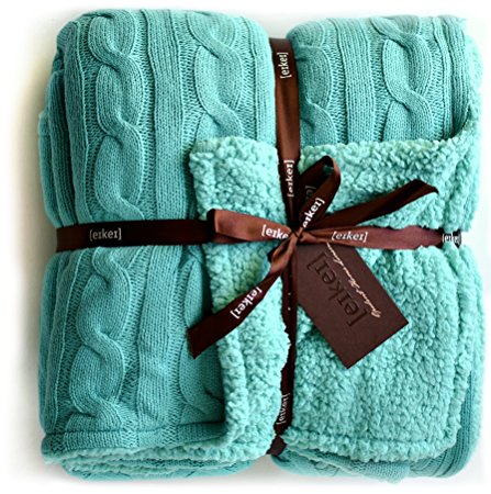 Cable Knit Sherpa Oversized Throw Reversible Blanket Faux Sheepskin Lined Cozy Cotton Blend Sweater Knitted Afghan in Grey White or Turquoise Blue (Turquoise)