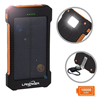 Solar Charger 10000mAh, Laniakea Waterproof Solar Power Bank Dual USB Solar Battery Phone Charger with Carabiner LED Lights for iPhone iPod Samsung HTC Nexus, Tablet and Android Phones(Orange)