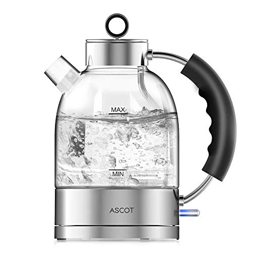 Ascot KE1003 Electric Kettle, Hot Water Boiler with 304 Stainless Steel, LED Light, Cordless Glass Teapot with Auto Shut Off & Boil-Dry Protection, 1.6 L, Clear