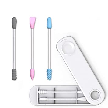 Upgraded Version ATETION Cotton Swab Portable Silicone Swab,Cleanable for Ear,Cleaning Beauty Treatment Makeup,Reusable Cotton Buds with Dust-proof Case(2 package,4 Swabs,6 functions) (White)