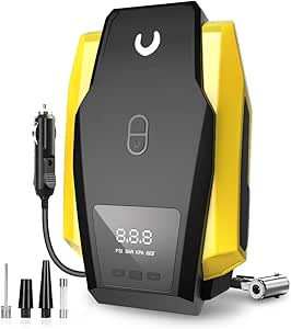 Tire Inflator Portable Air Compressor - Air Pump for Car Tires, 12V DC 100PSI Tire Pump for Bikes with LED Light, Digital Pressure Gauge, Car Accessories, Yellow, Large