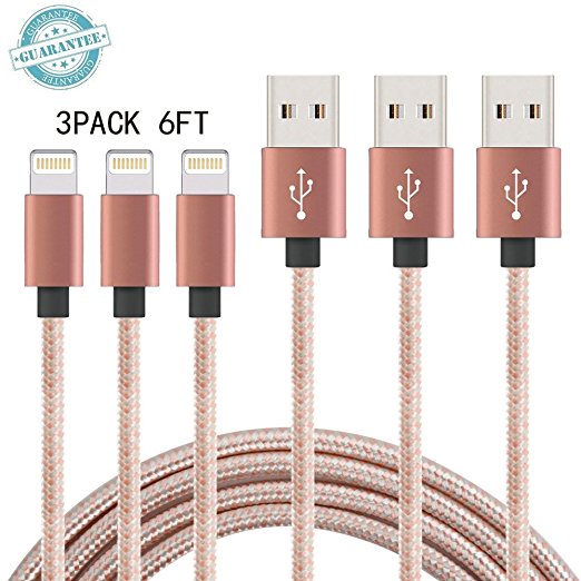 iPhone Cable DANTENG, 3Pack 6FT Extra Long Charging Cord - Nylon Braided 8 Pin to USB Lightning Charger for iPhone 7,SE,5,5s,6,6s,6 Plus,iPad Air,Mini,iPod(Rose Gold)